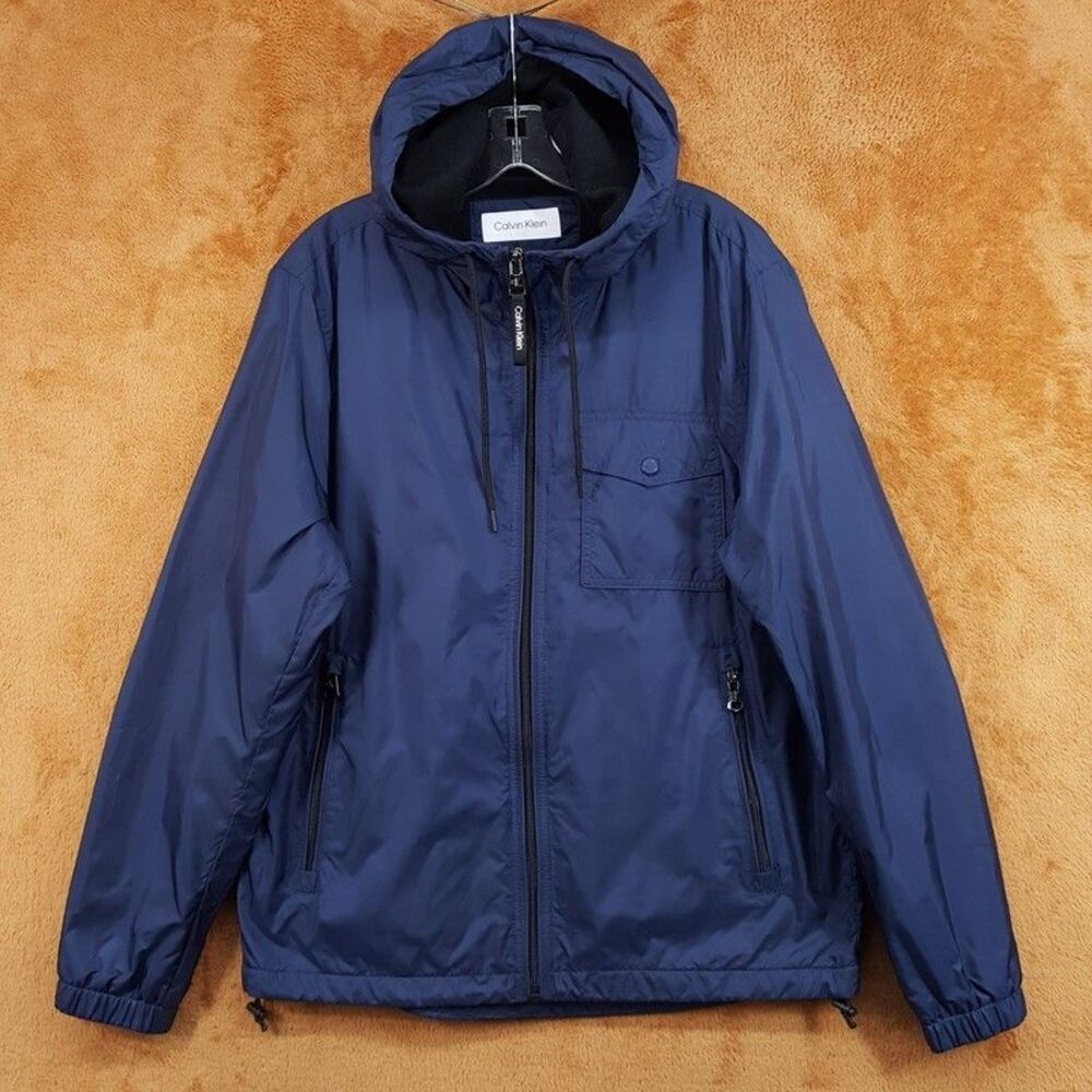 CALVIN KLEIN Jacket Mens Medium Blue Polar Fleece Lined Hooded Windbreaker $150